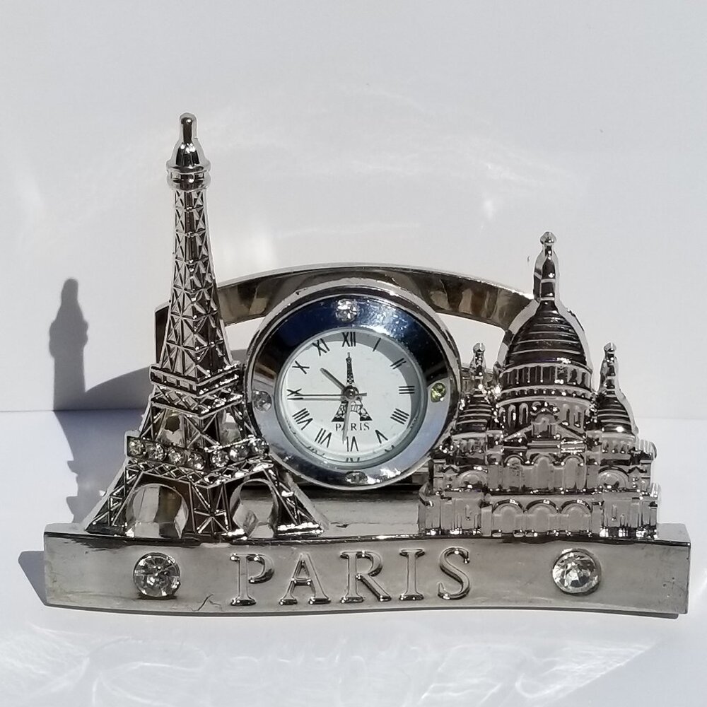 🎥Rare Collectible Paris with Clock Relief Art Crystals Steel Busines Cardholder